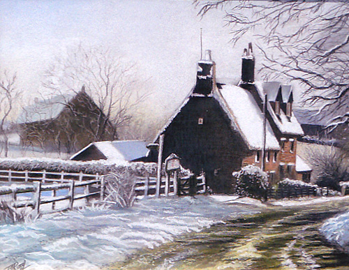 pastel illustration of Cottage in the Snow